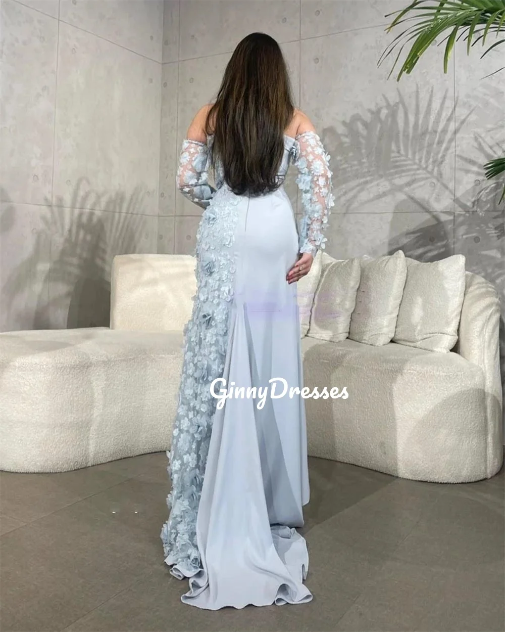 Customized Evening Dress Woman Off-The-Shoulder Neckline A-Line Flowers Prom Dresses Floor-Length Zipper Up Long Sleeves Lining