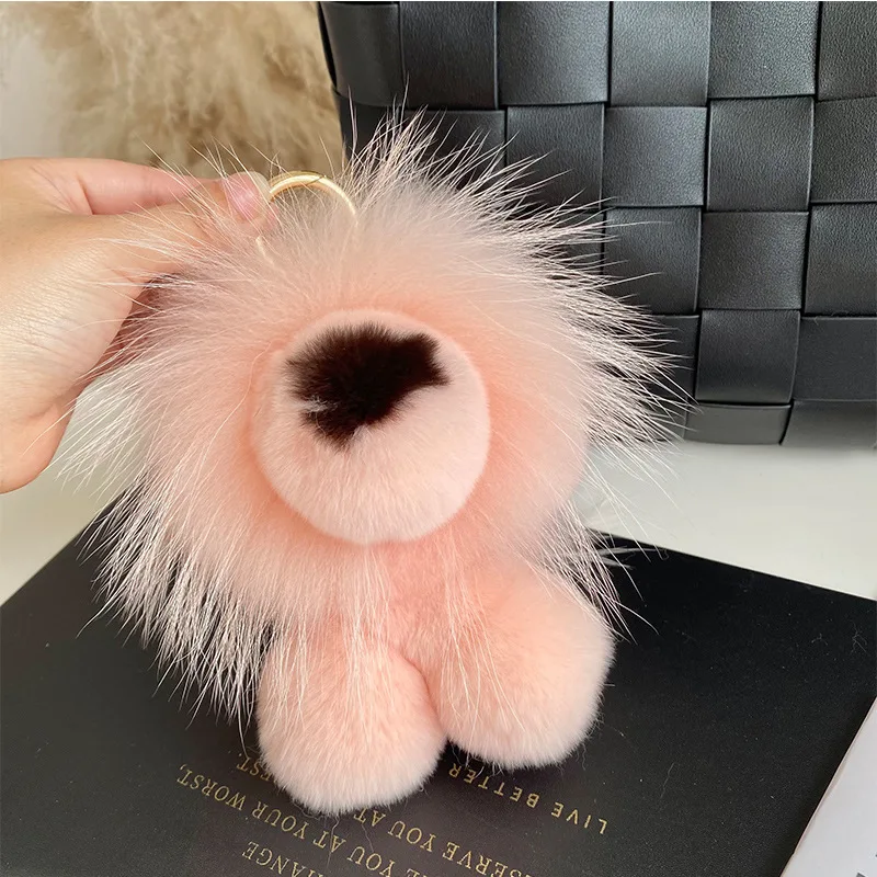 Women Bag Pendant Real Rex Rabbit Fur Keychain Cute Plush Lion Toy Highend Car Key Charm Metal Ring Ornaments Kids Birthday Gift