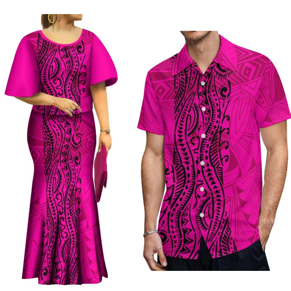 

Support Your Design With Women'S Flared Sleeve Dress Puletasi Dress And Men'S Shirt Polynesian With Couple Suits