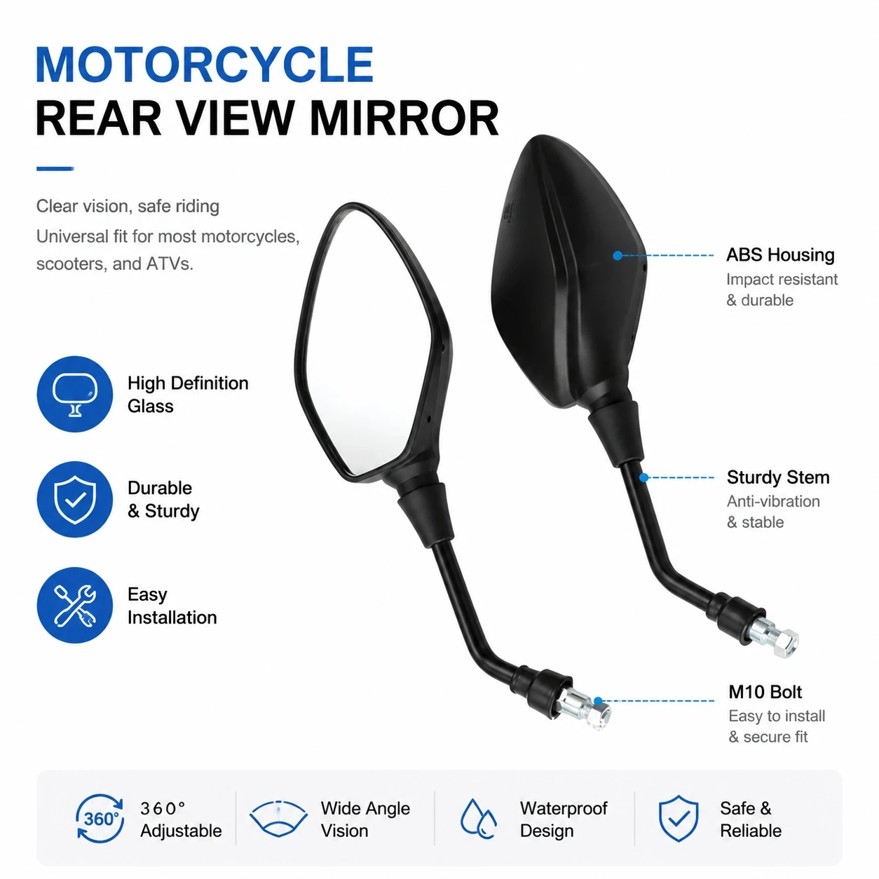 Universal Motorcycle Electric Scooter Rearview Mirror M10 Positive Thread Metal Stem HD Convex Side Rear View Mirror Replacement