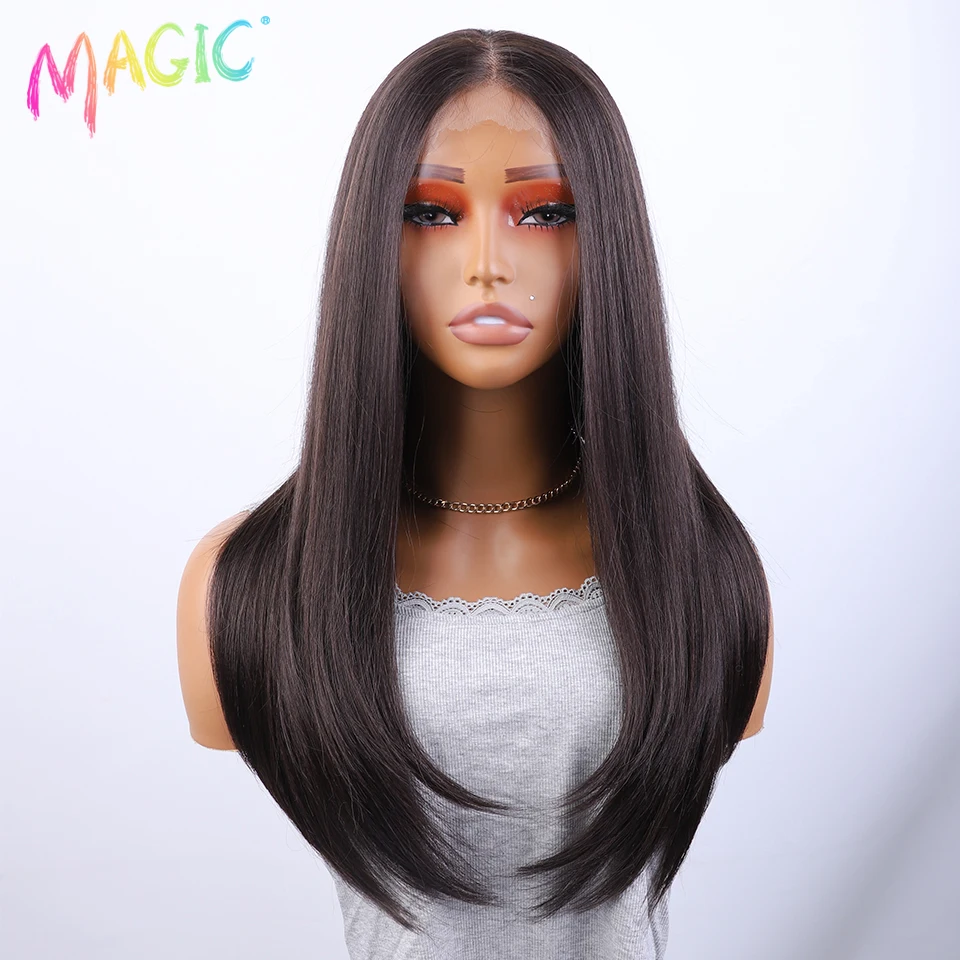 Magic Synthetic Lace Front Wig Hair Straight Baby Hair Bob Wig Syntetyczna peruka do włosów 22" Brązowa peruka Bob Peruka dla kobiet Cosplay Peruka