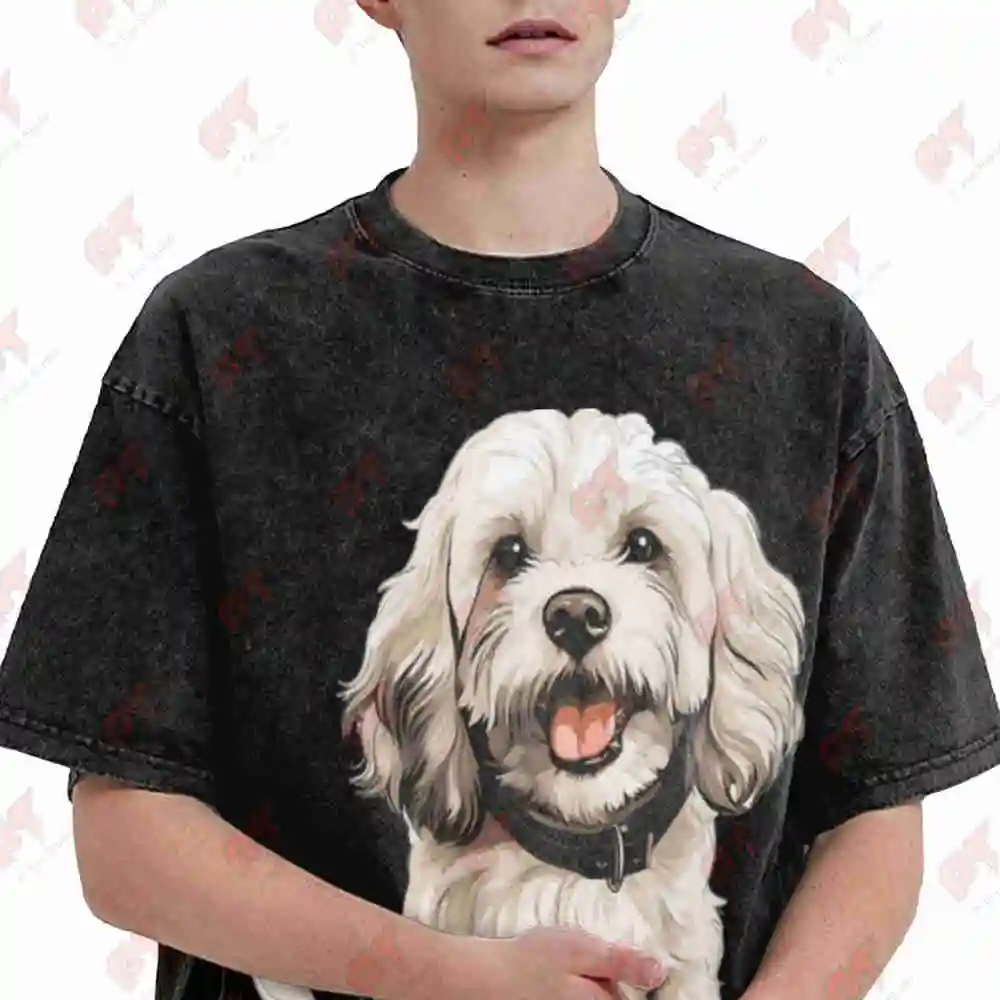 Cavapoo Dog Realistic Portrait Doodle Breed Vintage Washed Tee Pure Cotton T-Shirt