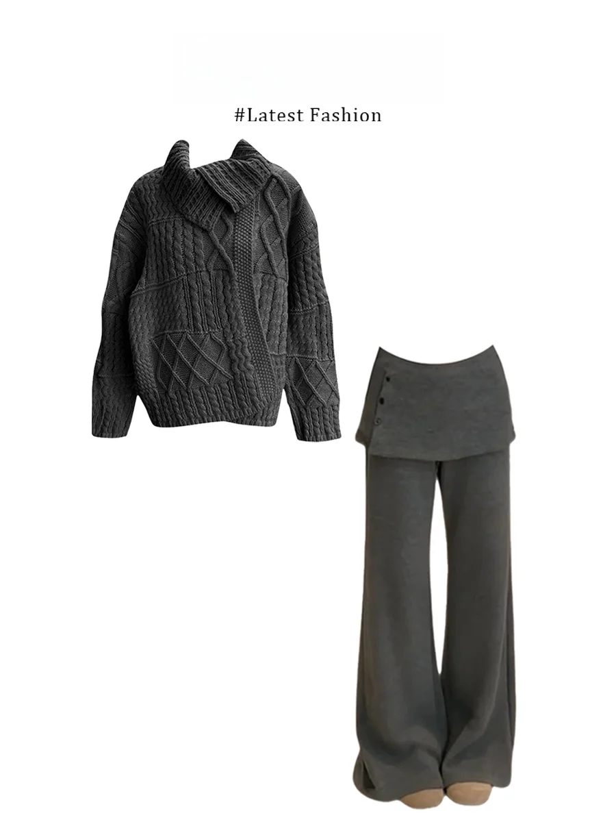 

Trendy Knitted Twisted Sweater Cardigan Coat And Pants Set Women's Fashion Winter Warm Casual Loose Fit mid Waist Long Sleeve