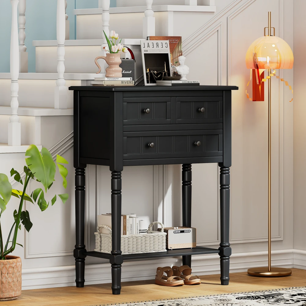 TREXM Narrow Console Table, Slim Sofa Table with Three Storage Drawers and Bottom Shelf (Black)