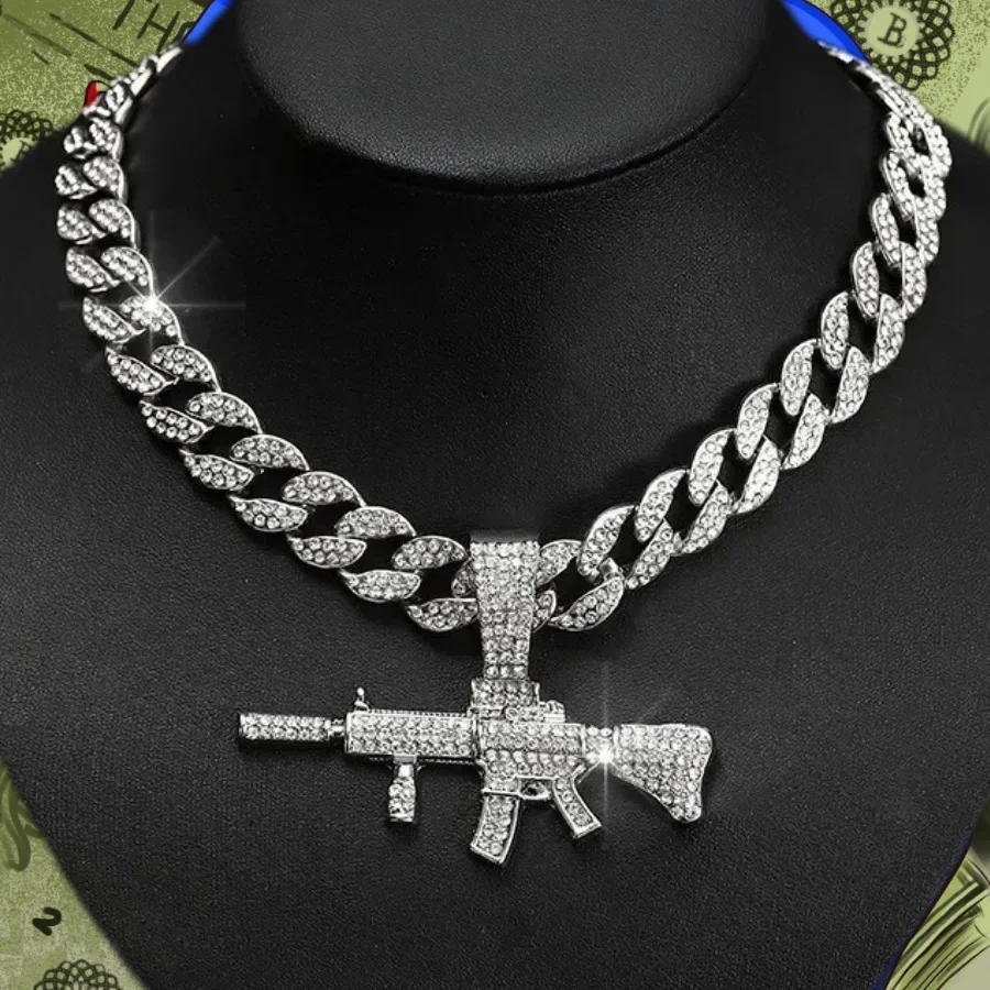 European and American hip hop diamond-encrusted gun pendant hipster nightclub pendant accessory necklace personalized full diamo