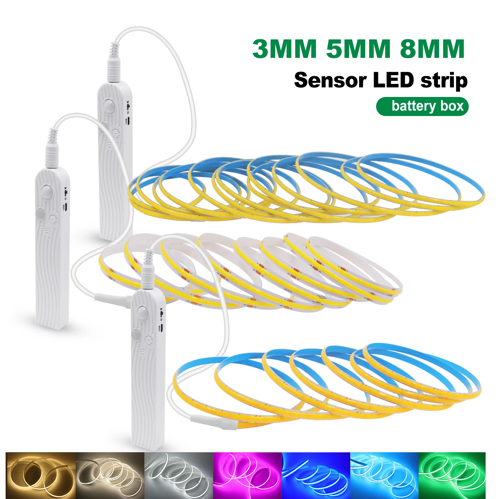 

5V USB COB Led Strip with PIR Motion Sensor Induction Night Light AAA Battery Powered 3MM 5MM 8MM Flexible Tape for Cabinet Room