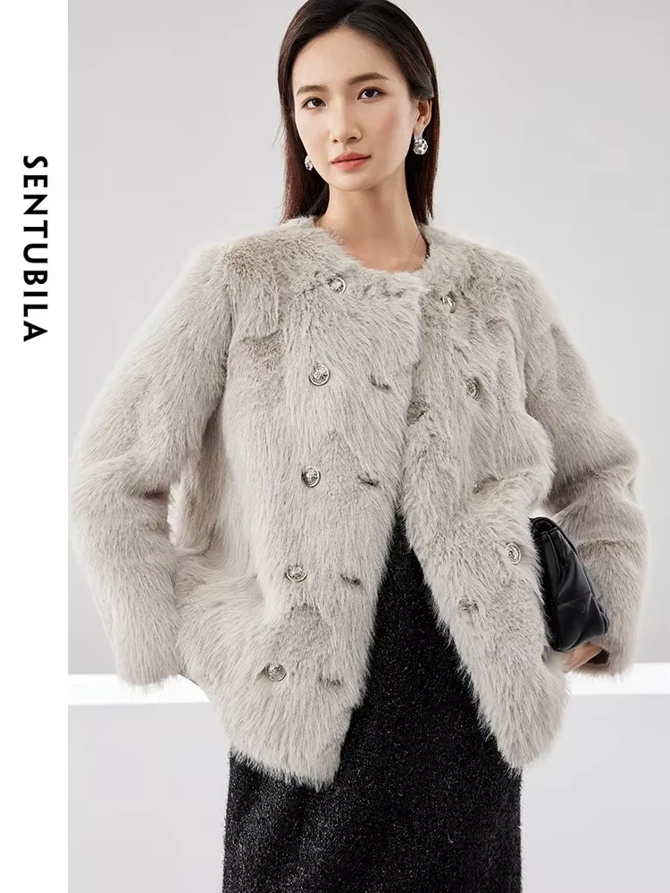 

SENTUBILA Fashion Faux Fur Coat Women 2024 Winter Fluffy Jacket Thick Warm Double Breasted Plush High Quality Coats W44W58580X