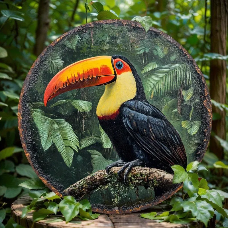 Toucan Round Metal Sign, Aluminum Wall Art Decor, Waterproof HD Printed Nature Theme for Indoor Outdoor, Holiday Gift