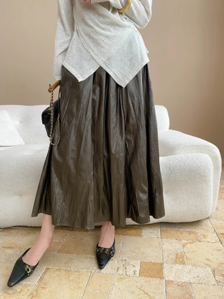 

Korean Vintage Ruched PU Leather Skirts Elastic Waist A-line Skirt for Women 2025 Early Autumn New Loose Faldas Mujer