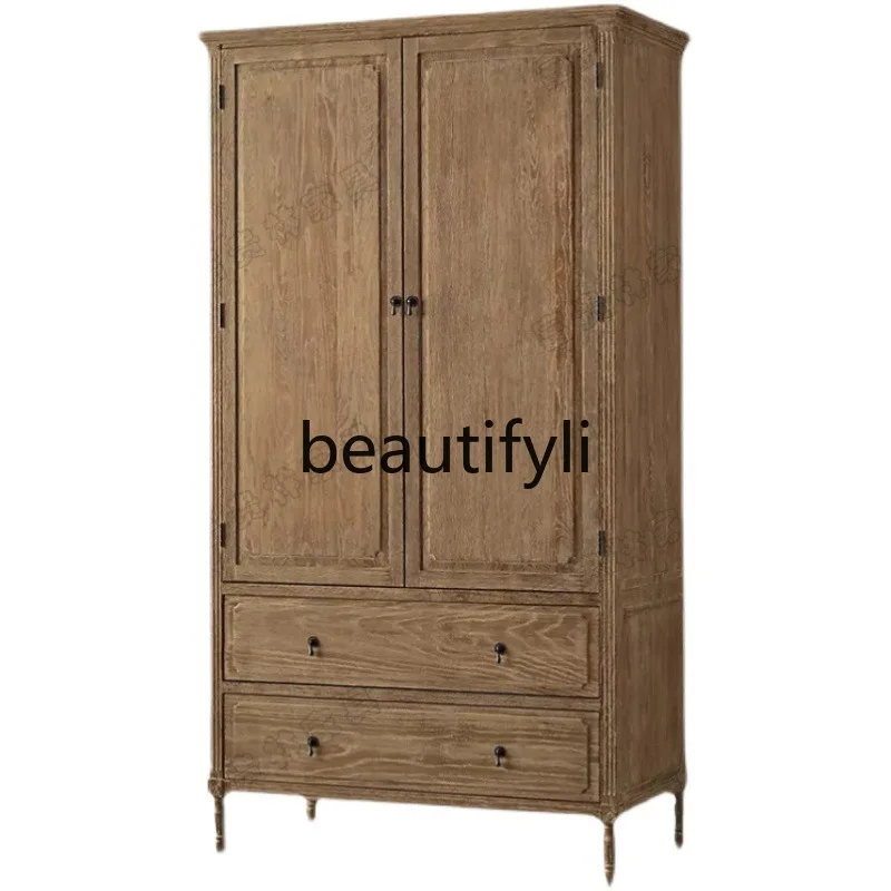 American Style Solid Wood Antique Double Door Wardrobe French Vintage Oak Two Door Storage Drawer Cabinet