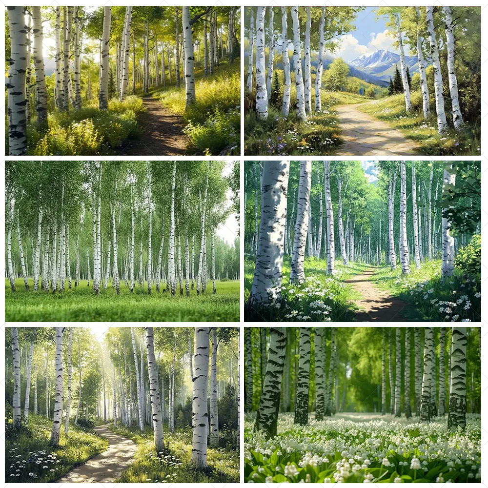 لافتة خلفية لخلفية شجرة البتولا من Sunny Trail، منظر طبيعي للغابات، مستلزمات خلفية للتصوير الفوتوغرافي في بلاد العجائب، استوديو الصور #1