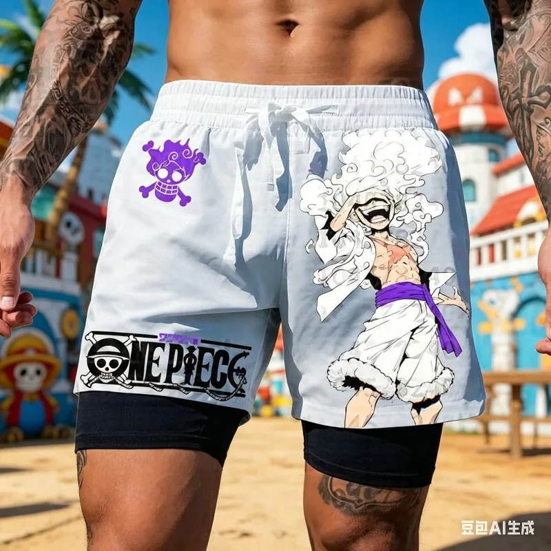 One Piece Anime White Double Layer Running Shorts for Men Gym Workout Straw Hat Crew Design Quick Dry Fabric Loose Fit