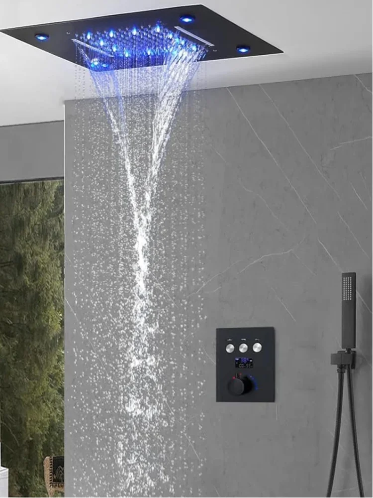 Digitales Thermostat-Duschsystem mit Regenduschkopf 14 x 20 Zoll, Wasserfall-LED-Deckenduschkopf mit Handbrause