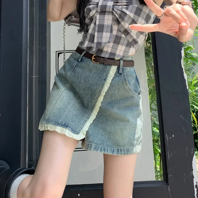 

High-waisted Slim Culottes Retro Blue A-line Girls Short Jean Pants Patchwork Design Lacework Denim Skirts Women Summer Shorts