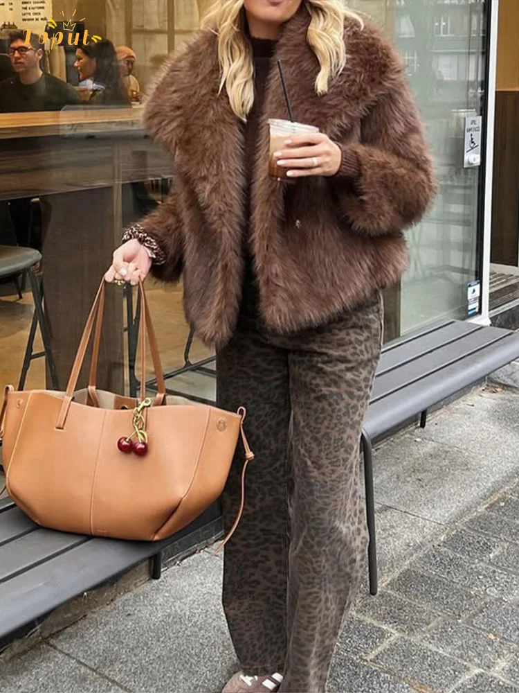 Solid Brown Fluffy Fur Jacket Women's Casual Lapel Loose Long Sleeves Thicken Warm Short Coat 2026 Winter New Lady Commute Wear