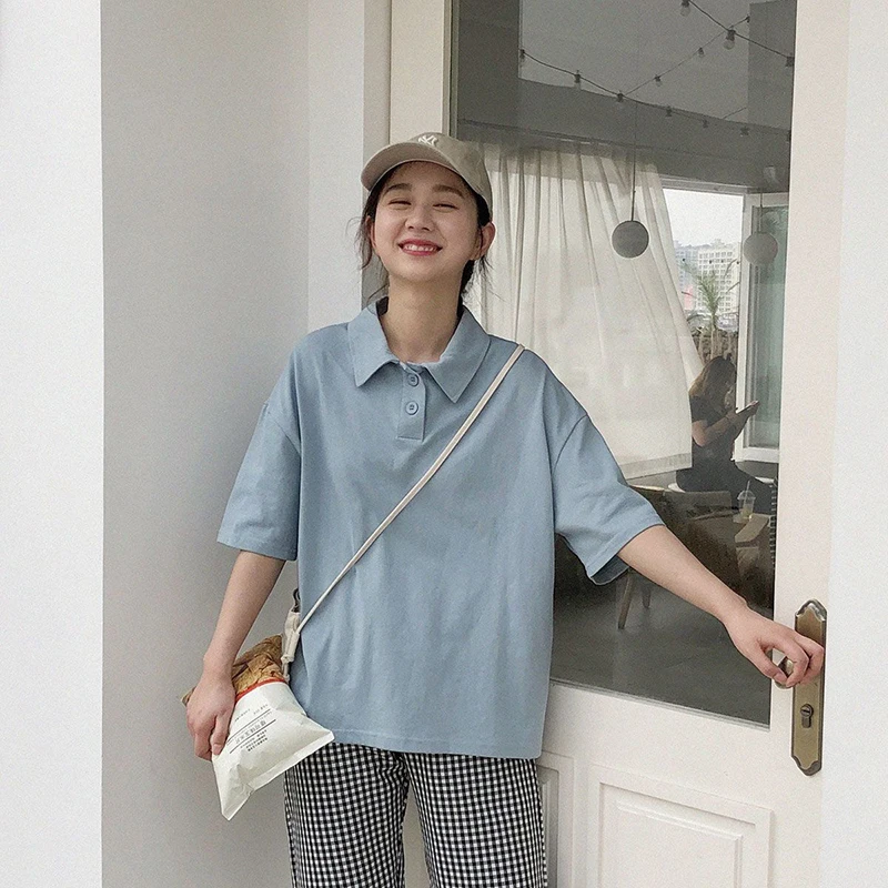 Japan Style 2024 Summer Short Sleeve Women Polo T Shirt Student Solid Color Cotton Fashion All-match Literary Oversized Crop Top