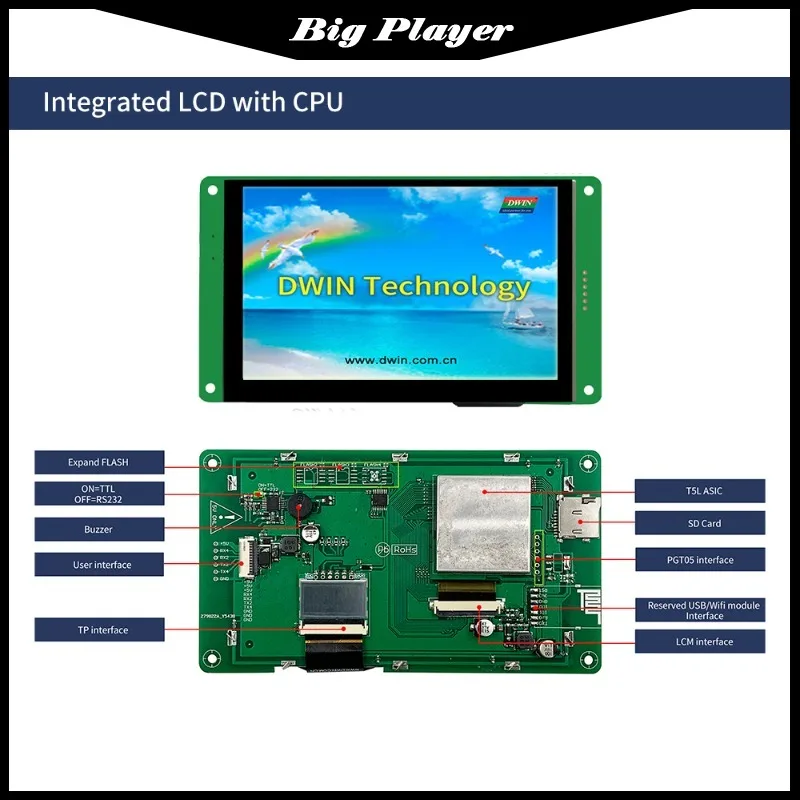 DWIN 5-inch Human-machine Interface LCD Panel 800 * 480 Touch Screen Display UART LCD Module DMG80480C050_03WTC