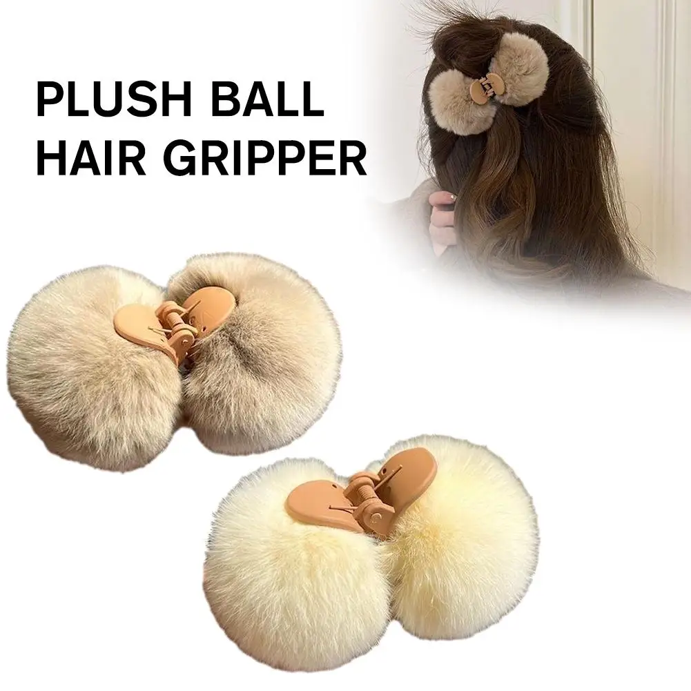 Girls Faux Fur Hair Claw Double Sided Fur Ball Hair Soft Fluffy Accessory Grab Cute Hair Pom Headwear Clip Hairpin Pom Plus C9N8