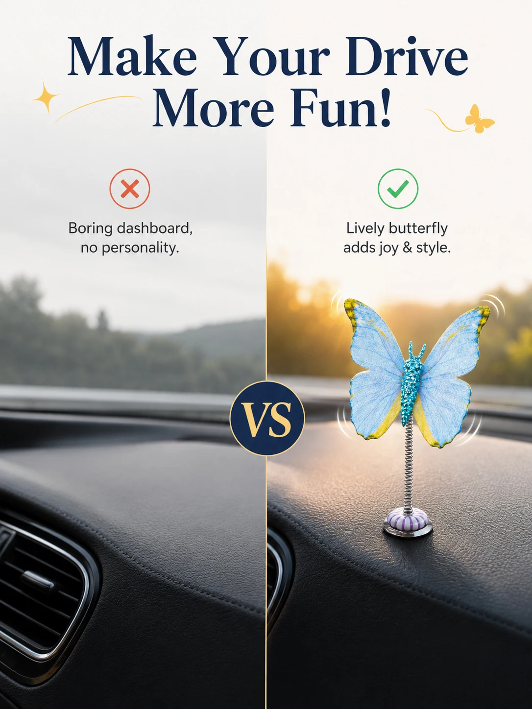Bouncing Butterfly Car Decor - Spring-Loaded Glitter Wings, Rhinestone Body, Fits Dashboard/Vent/Window, Cute Gift for Her