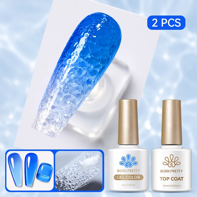 BORN PRETTY 2-teiliges Sommer-Set mit Transparentem Nagelgel und Wasserwellen-Top-Coat, Ohne Abwischen, Abziehbarer Jelly-Gel-Lack