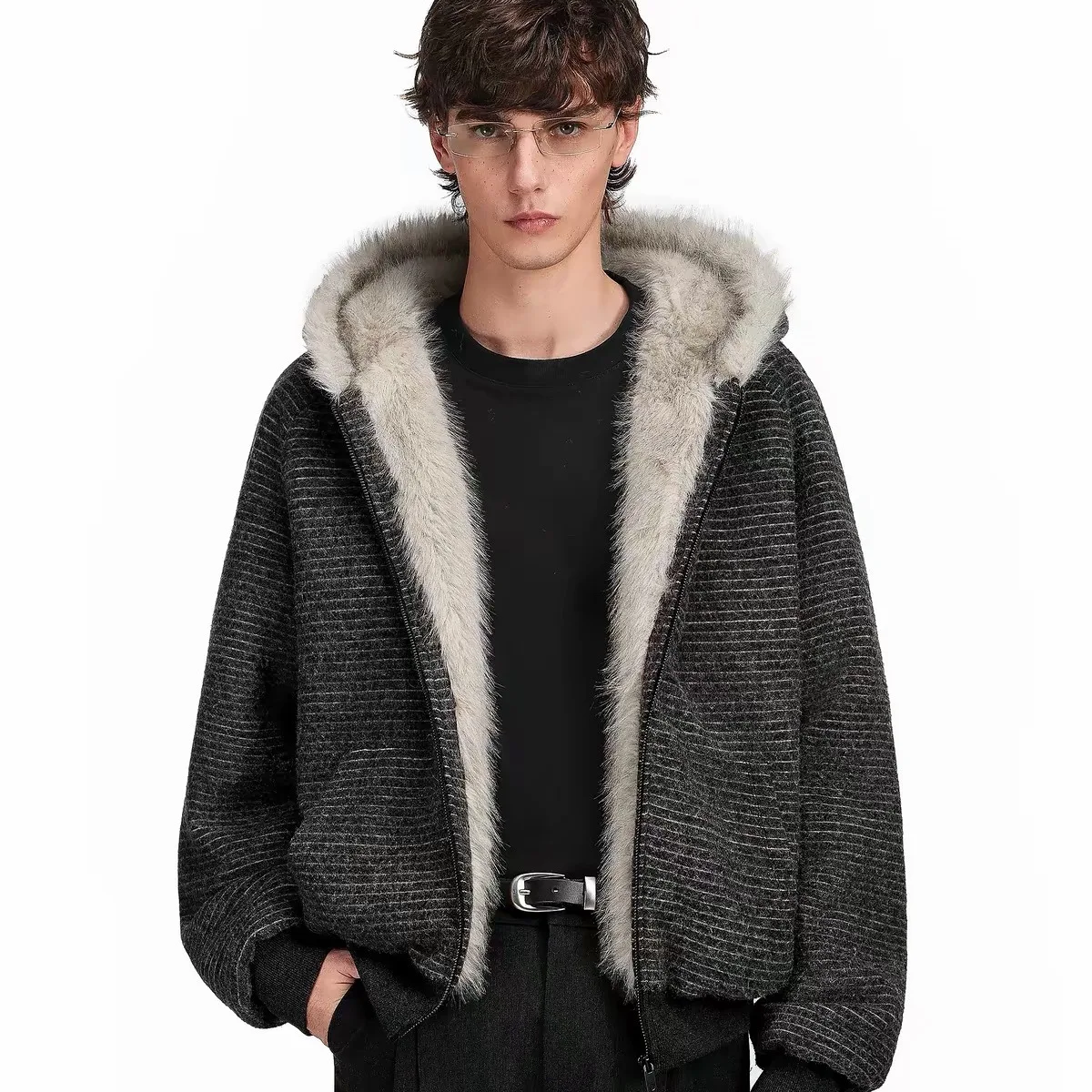 2026 New Striped Oversized Fur Collar Thickened Cotton Coat Unisex Korean Style Parka Women Winter Outerwear Streetwear
