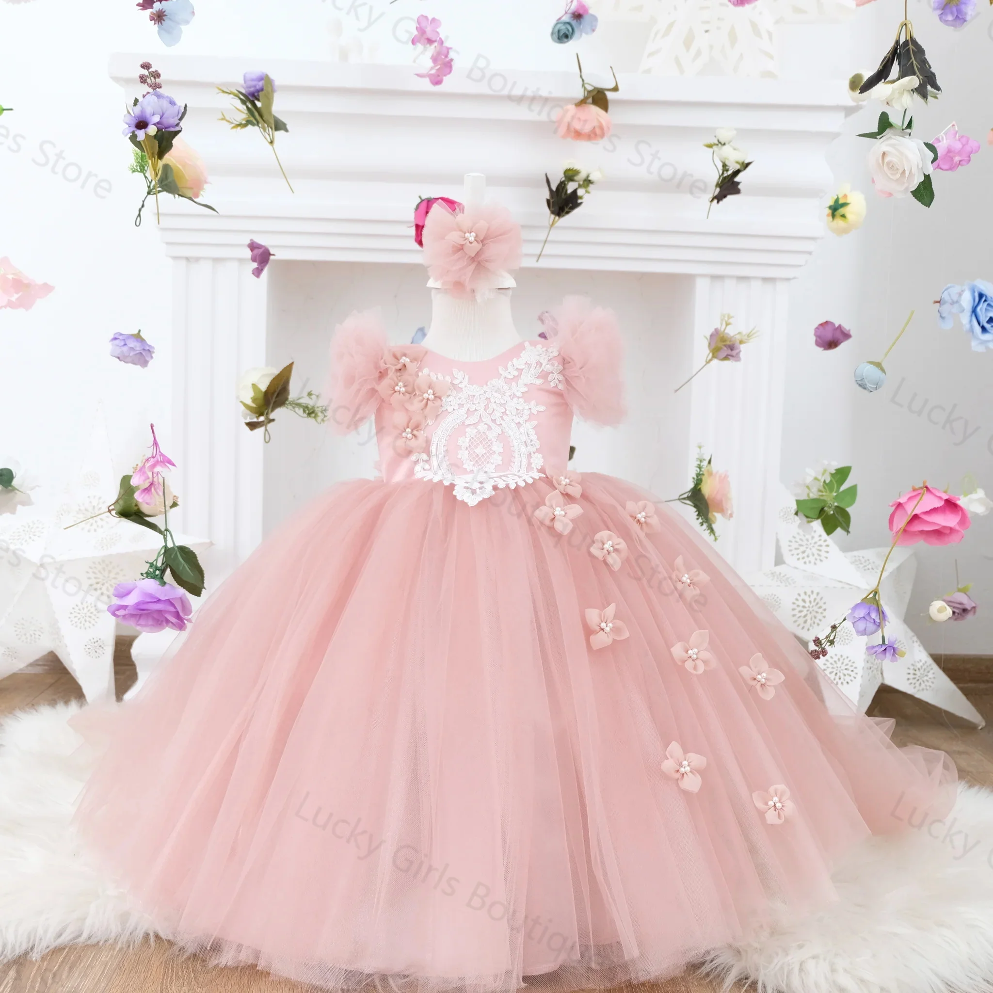 Pink Ball Gown Flower Girl Dresses for Wedding Lace Appliqued Children Birthday Party Gowns Vintage Kids First Communion Dresses