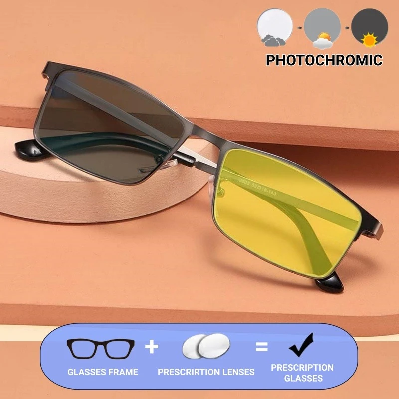 メンズフォトクロミック処方箋眼鏡クラシックスクエアハーフフレームアンチブルーライト高級デザイナーレンズカスタム眼鏡