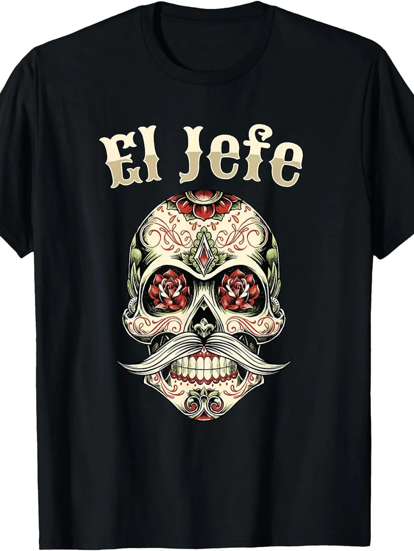 El Jefe Sugar Skull Men Dia De Los Muertos El Jefe T-Shirt Vintage Crew Neck, Short Sleeve, Loose Fit, All-Season, Casual Weekend Wear with Heat Transfer Printing