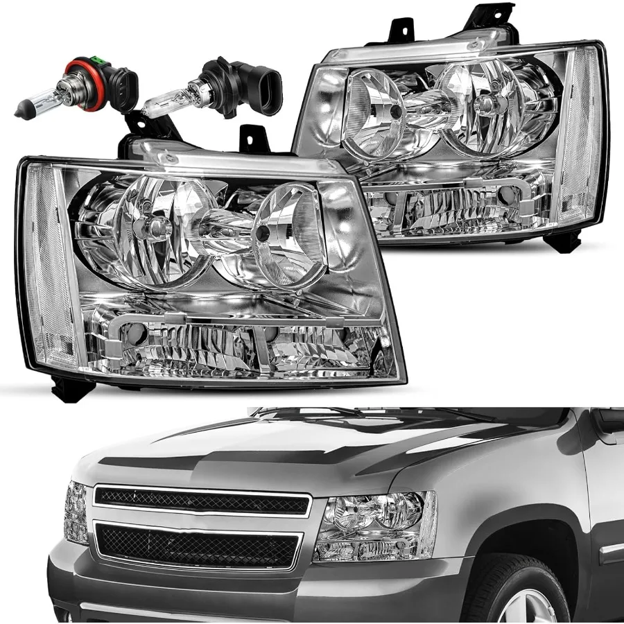 مجموعة المصابيح الأمامية مع استبدال المصابيح لسيارة تشيفي تاهو سوبربان أفالانش للسائق وغطاء كروم جانبي للركاب #1