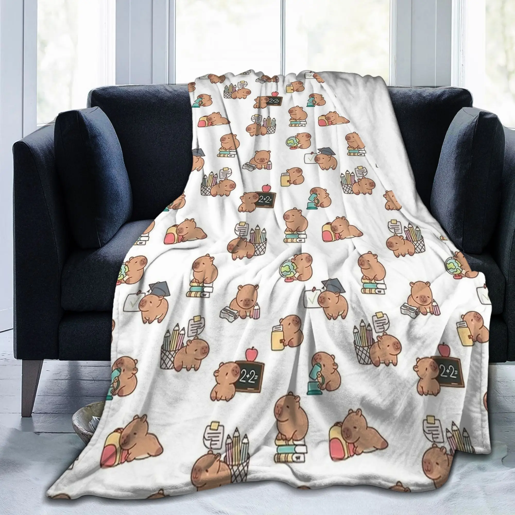 

School Kawaii Capybara Pattern Blankets Coral Fleece Plush Soft Throw Blankets for Bed Bedroom Quilt