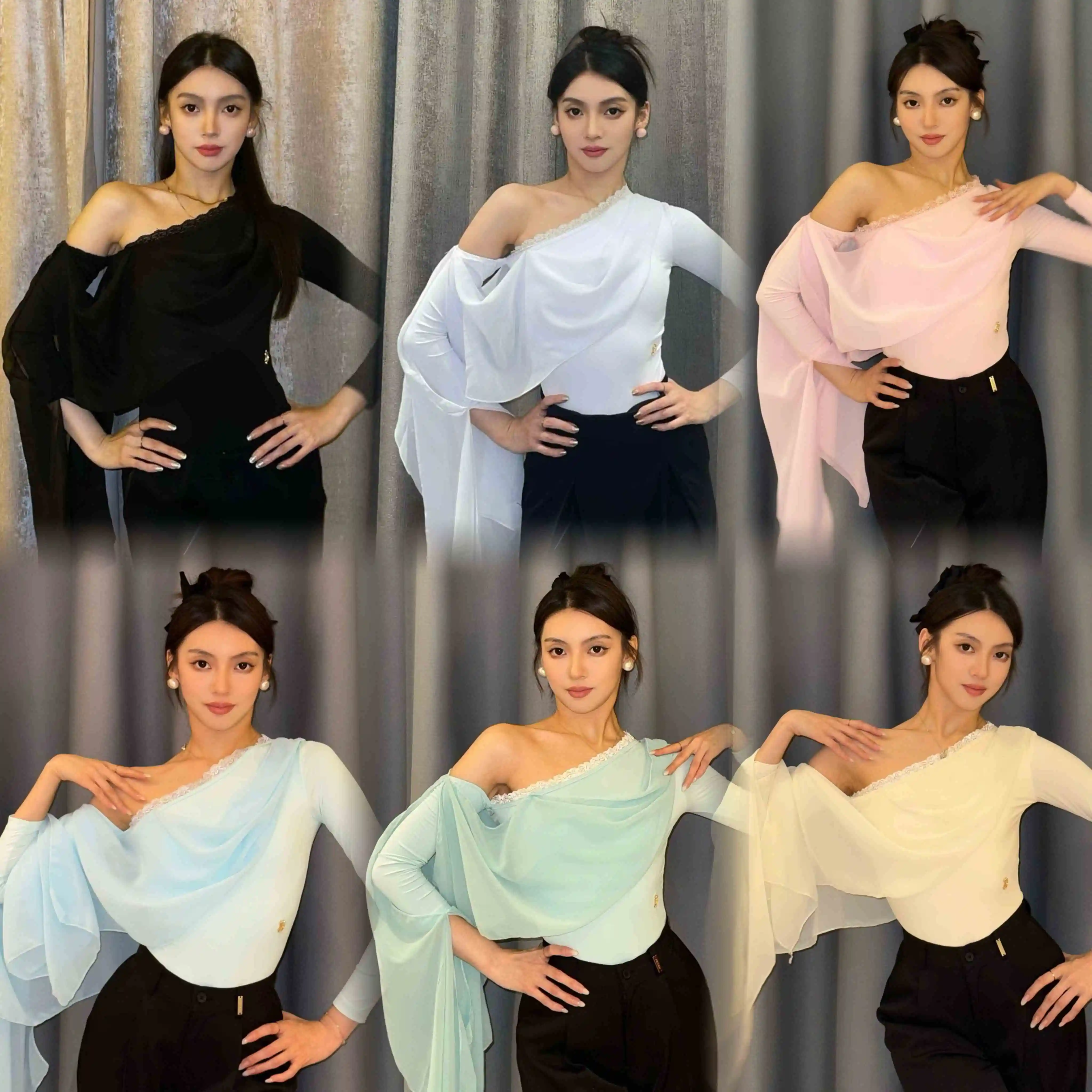 

Топы для бальных танцев, женские кружевные топы с наклонными плечами и плавающими рукавами, одежда для взрослых, одежда для латинских танцев румбы, одежда для выступлений DNV22283