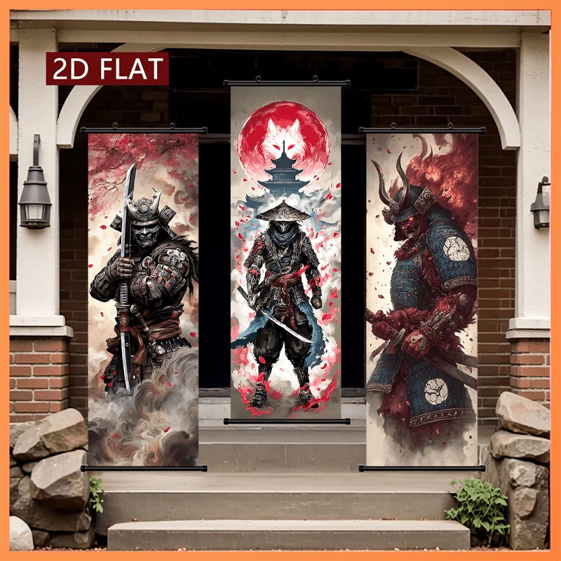 VIKAMA Japanese Samurai Warrior Fox Spirit 3 Piece Wall Scroll Tapestry Set Dark Fantasy Wall Art Decor for Living Room Bedroom