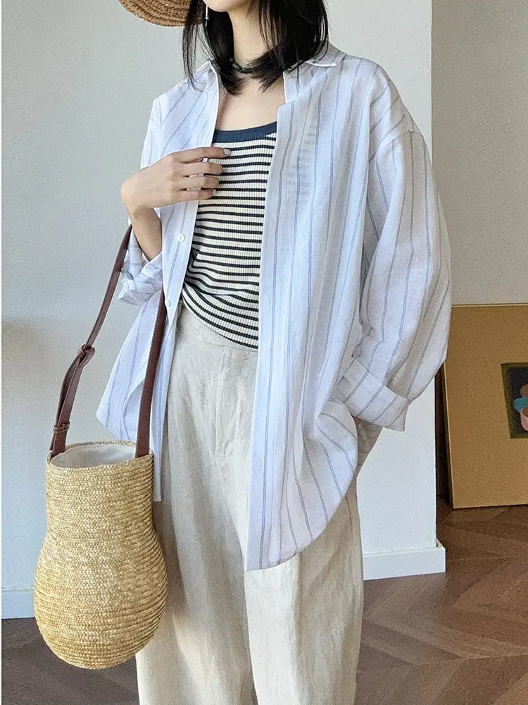 

LSD Design 2025 Spring Summer Women's Loose Fit Long Sve Striped Cotton Linen irt Slimming Effect UV Protection Top
