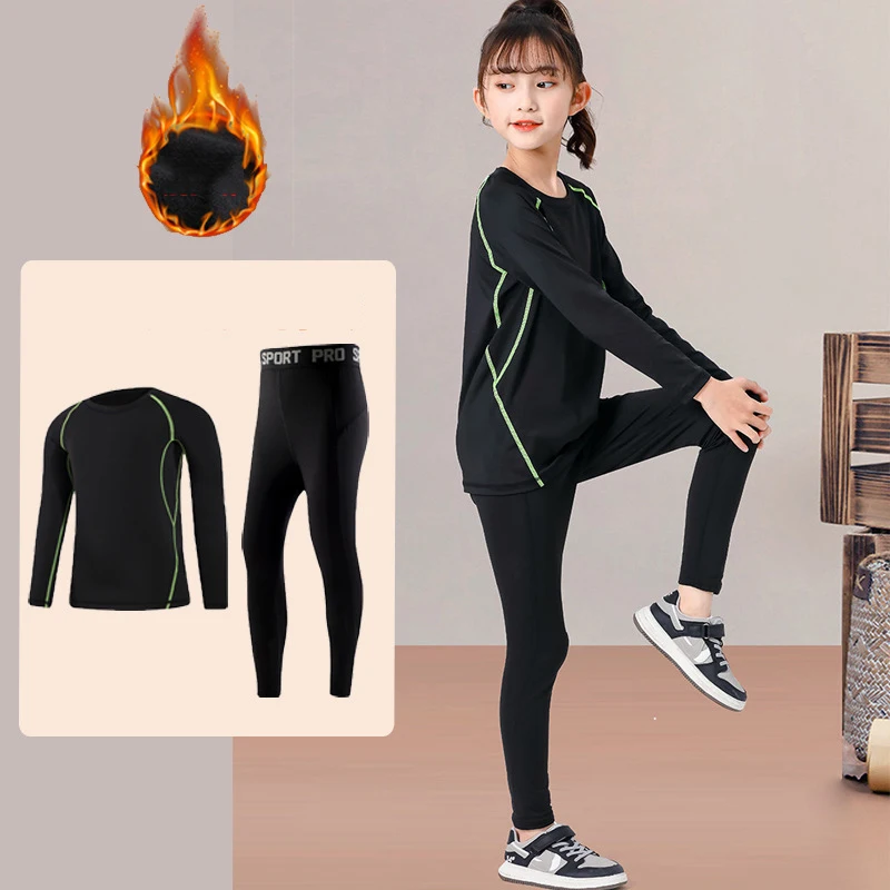 Plush Children's Sports Tight Fitting Training Set Basketball Football Two-piece Set Running Fitness Suit Quick Drying Clothes