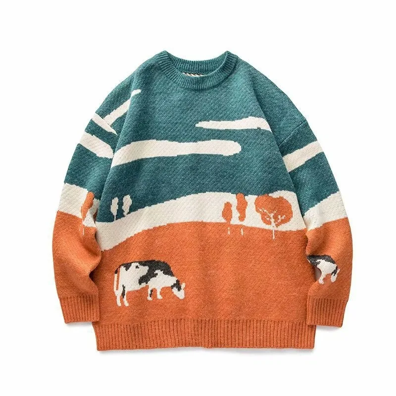 KIDWHXR Herren Herbst Strickpullover Koreanischer Stil Bedruckter Rundhals-Pullover Locker Sitzender Langarm-Komfort-Pullover für Männer – Detail 2
