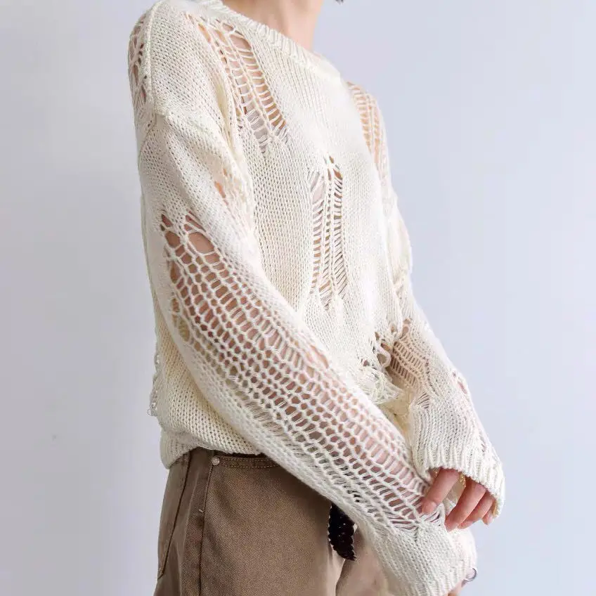 Suéter Mujer otoño manga larga agujero suelto fino tejido diseño de moda pulóver sólido ahueca hacia fuera Harajuku Mujer Chandails Retro