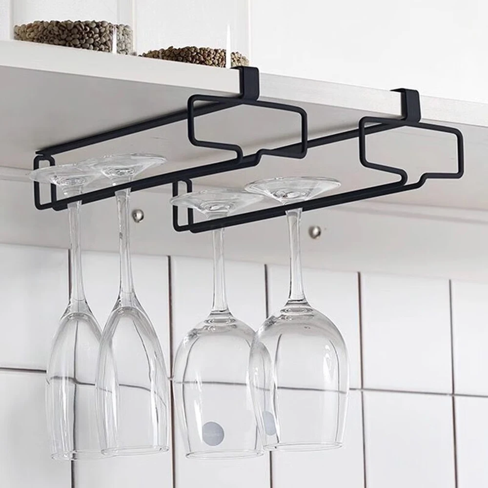 Non perforated inverted iron hanging high footed red wine cup holder, home bar hanging glass storage rack, glass organizer