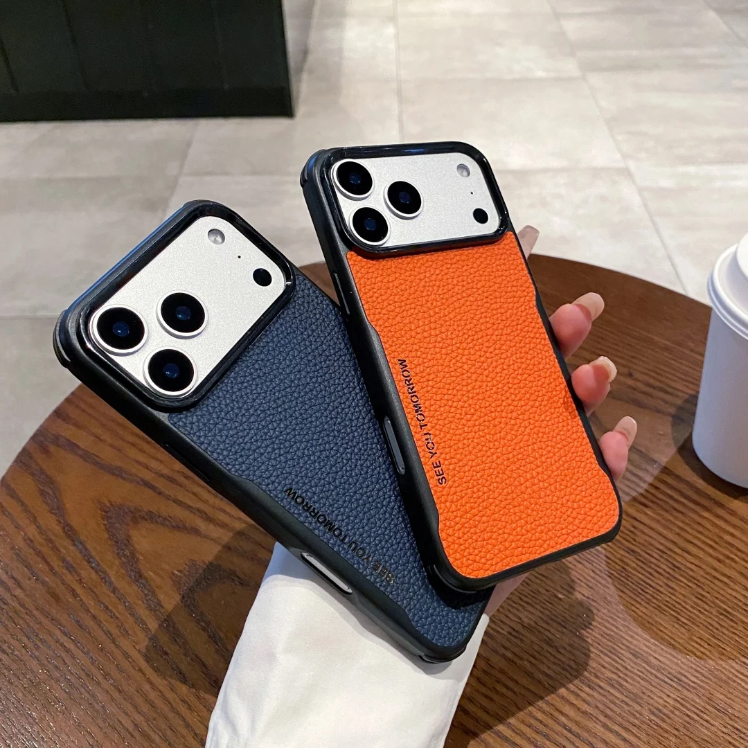 

Case For iPhone 17 16 15 14 13 Air Pro Max Lychee Genuine Leather Drop-proof Corners Phone Grip Cover