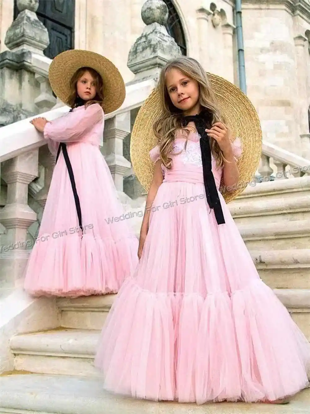 A-Line Pink Flower Girl Dress For Wedding Off Shoulder Princess Girls Birthday Clothes Customize Ruffles Prom Girl Dresses