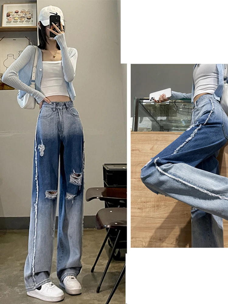 

Hole Jeans Women's Fashion Gradient Blue High Waisted Pants New Patchwork Straight Wide Leg Female Casual Denim Trousers