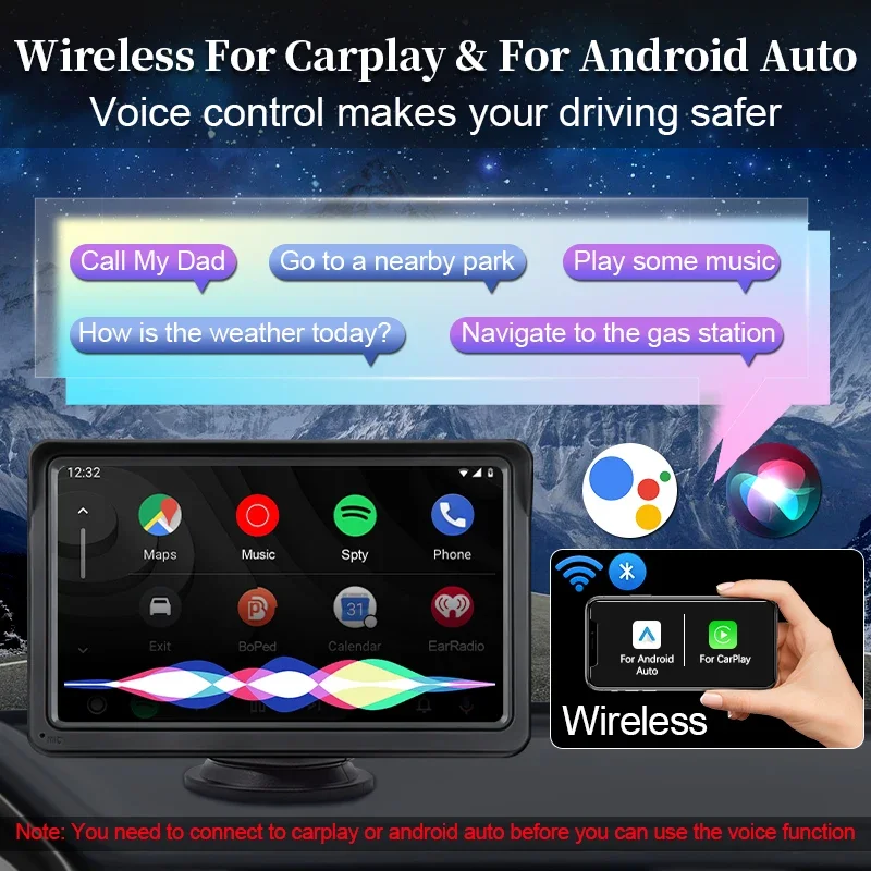 Hippcron Portable Car Radio Car Monitor Wireless CarPlay Android Auto 7inch IPS Touch Screen Support Camera TF Aux Mirrorlink