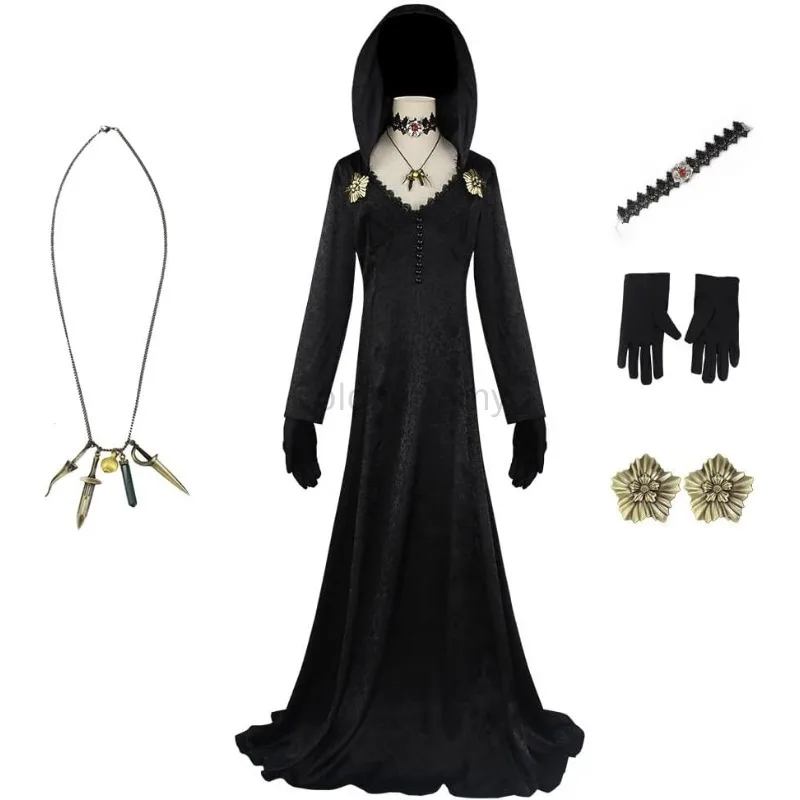 

Gothic Cosplay Dress for Women Long Black Robe Costume Set with Accessories Vampire Sister Look for Halloween