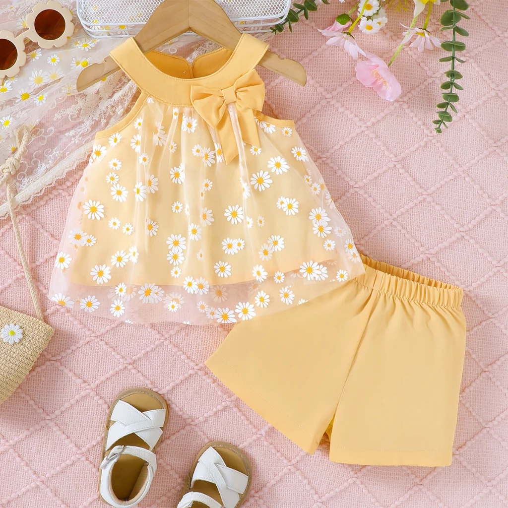 2PCS 0-3Y Toddlers Clothes Set Baby Girl Sleeveless Off Shoulder Daisy Mesh Top+Shorts Summer Cool Suit Set Fashion Vacation Set
