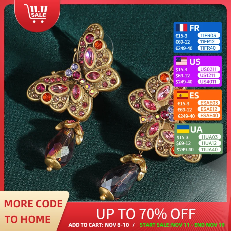 

Vintage Large Butterfly Earrings Crystal Drop For Woman Gold Color Colorful Rhinestone Inlays Luxury Quality Jewelry Charm Drop