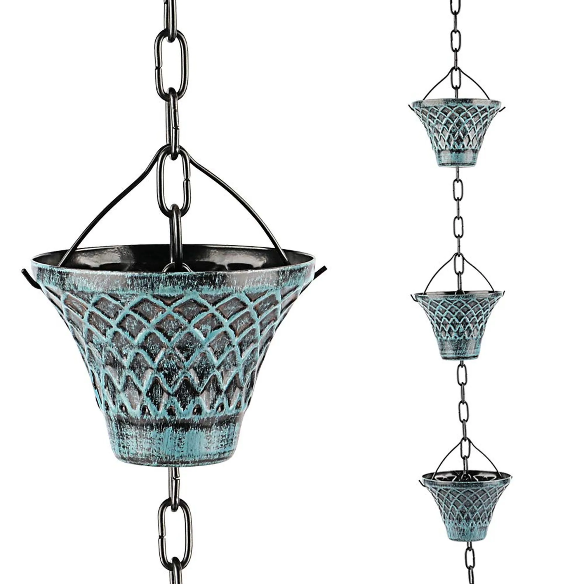 8.5 ft Metal Plaid Decorative Rain Chain, Outdoor Gutter Downspout Rain Catcher and Water Diverter for Exterior Drainage