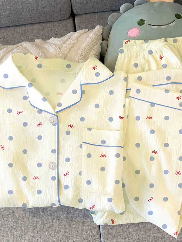 Conjunto de Roupas de Casa Femininas de Manga Longa para Primavera e Outono, Estampa de Laço de Borboleta, Tecido Plissado, E...
