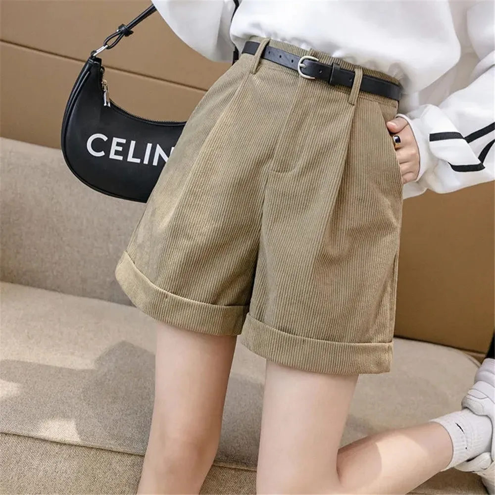 

Corduroy Women Cargo Shorts With Belted Autumn Winter High Waist Loose Casual Wide Leg Shorts Vintage Female Short Pants Spring