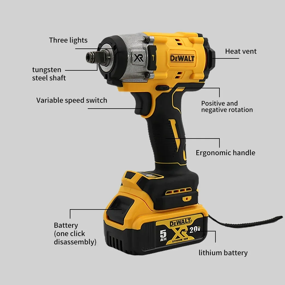 Dewalt Cordless Impact Wrench Electric Screwdriver 18V 20V Battery Brushless Driver Repair Power Tools with Battery Brushless