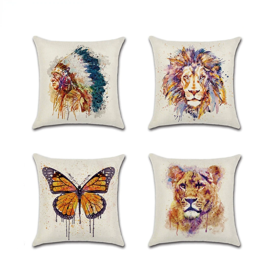 New watercolor animal pillowcase lion tiger butterfly head linen digital printing home decor  decorative pillows  home