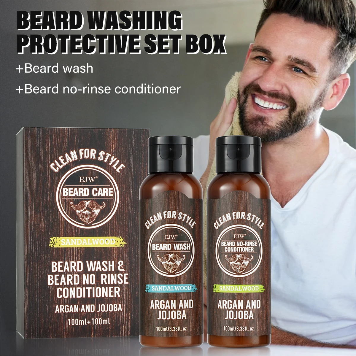 EJW Beard Care Set, Sandalwood Beard Shampoo and Beard no-rinse conditioner- Softens & Strengthens Beard, with Argan and Jojoba.